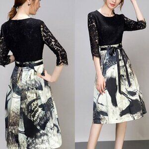 Blue Sky Butterfly Fit & Flare Dress Lace Women's Medium Evening Cocktail Sash